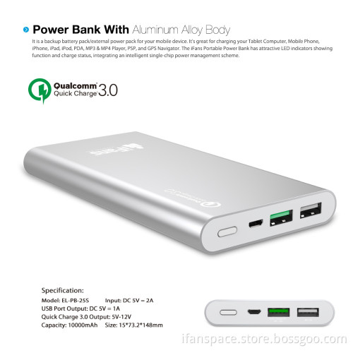 super slim high capacity 10000mAh aluminum power bank with QC3.0